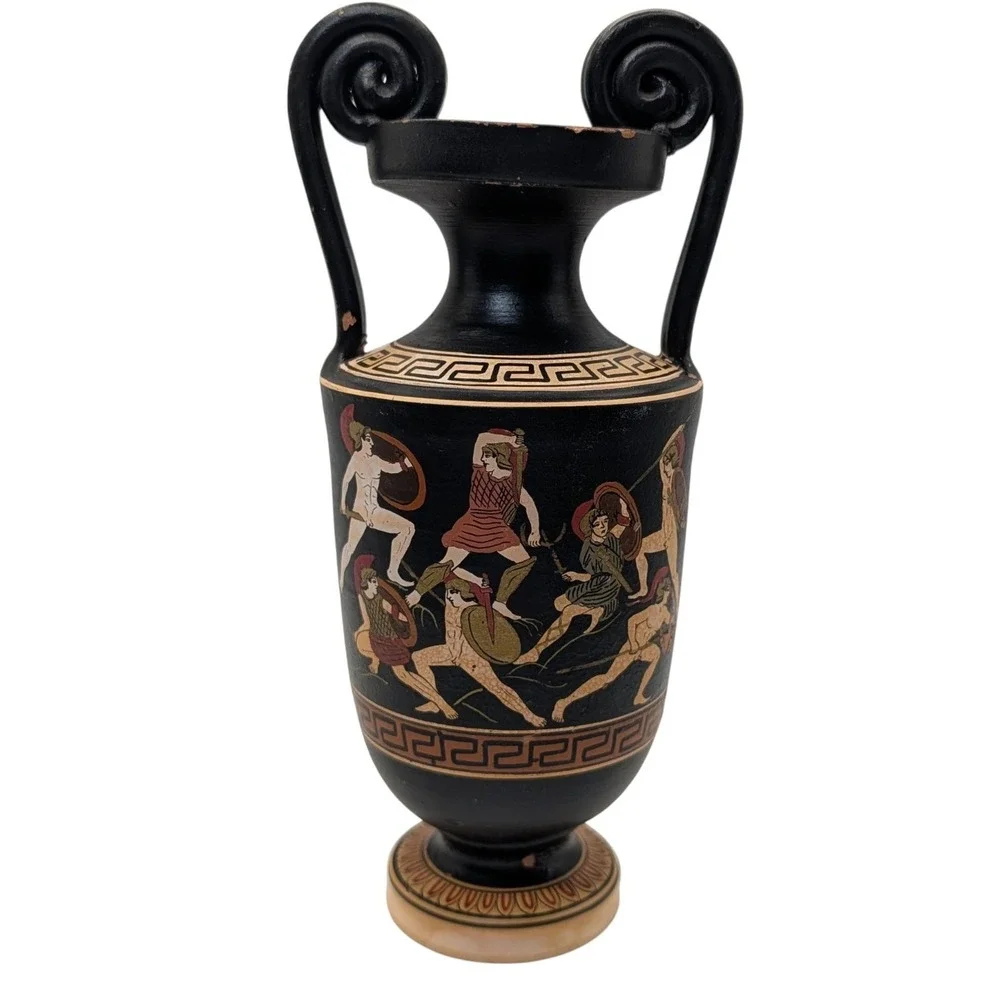 Greek Urn Vase Handmade Red Clay Pottery Grecian Warriors Double Handles SEE